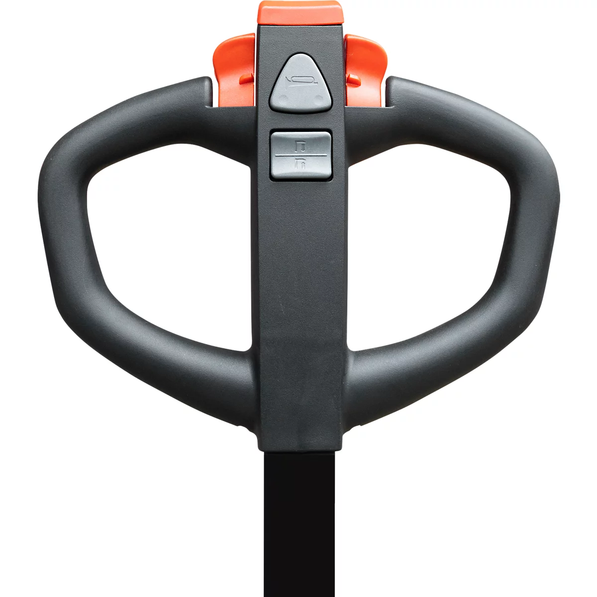 Black forklift handle with orange details and control buttons.