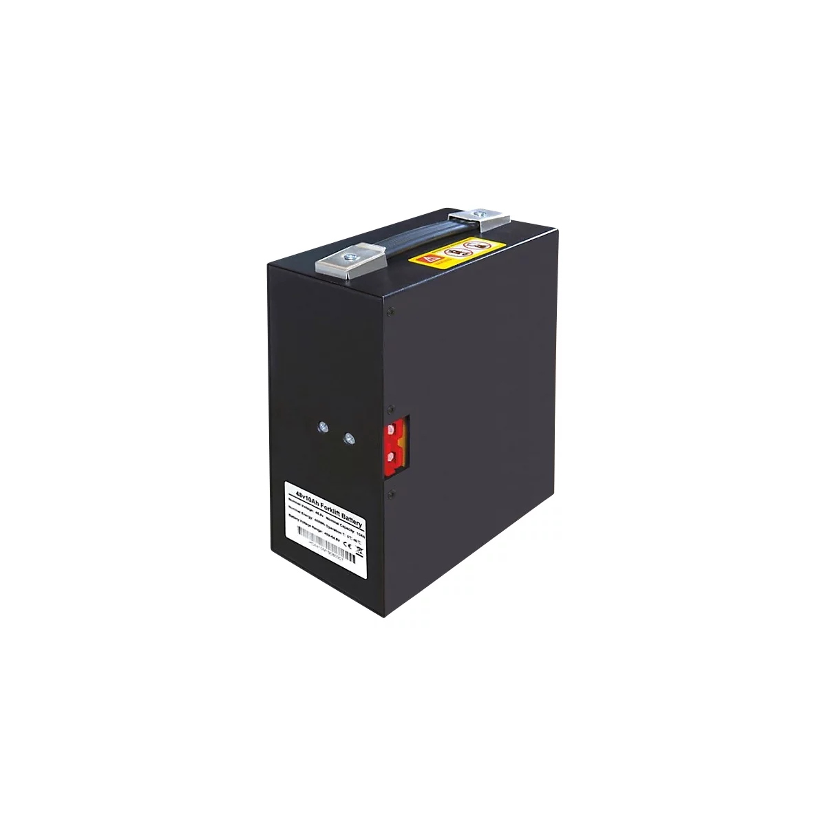 Zwarte accu met handvat, sticker met technische gegevens. Rode connector zichtbaar.