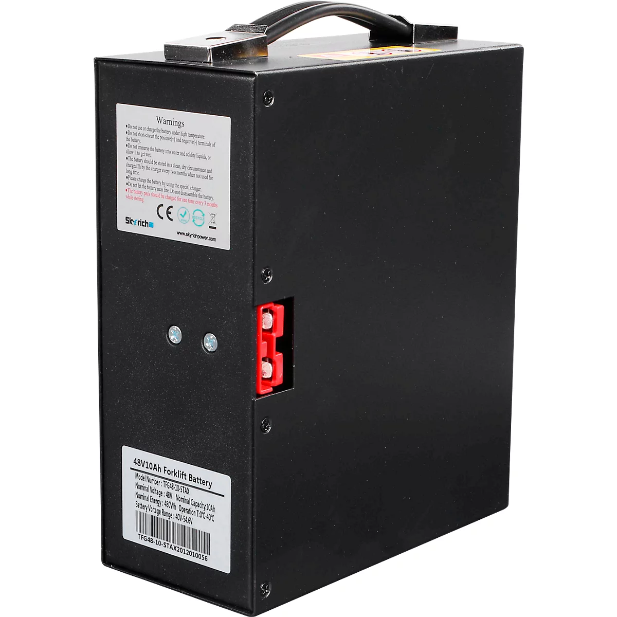Schwarze 48V Gabelstapler-Batterie mit Tragegriff, Warnhinweisen und technischem Typenschild auf der Seite.