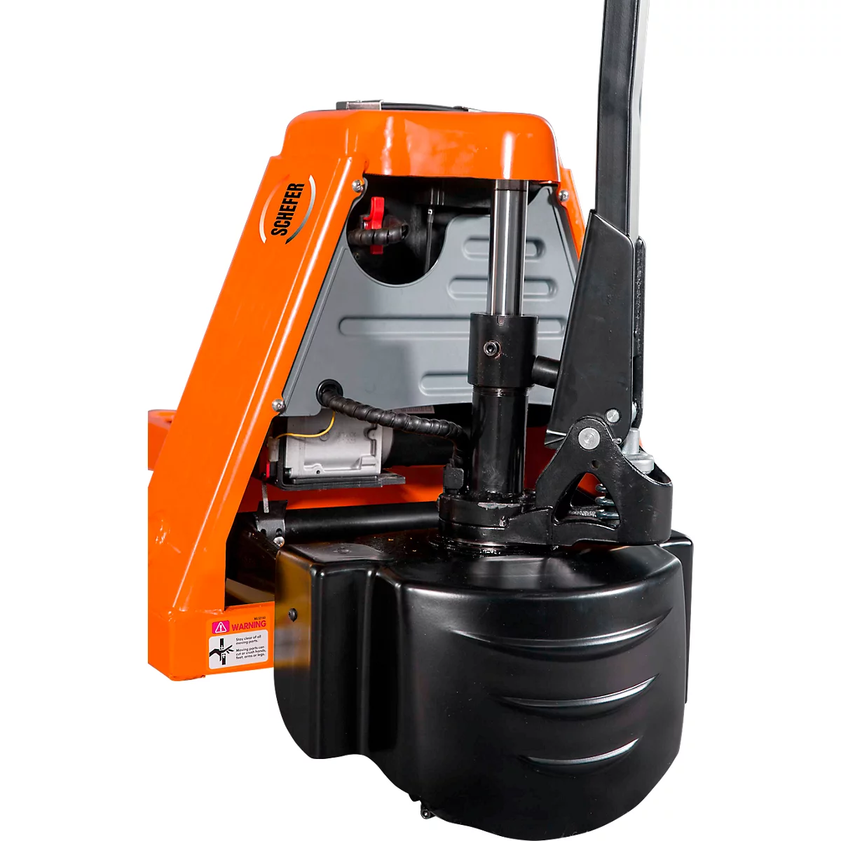 Nahaufnahme der Deichsel und Hydraulik eines orangen Schefer Hubwagens vor weißem Hintergrund.