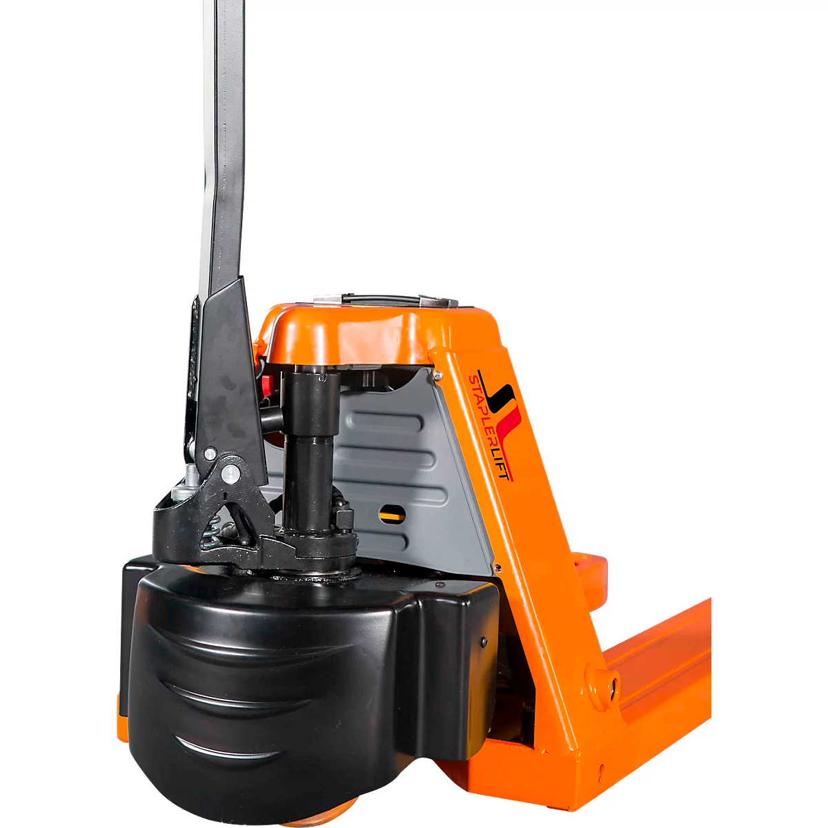 Nahaufnahme eines orangefarbenen Hubwagens mit schwarzer Deichsel und Staplerlift-Logo.