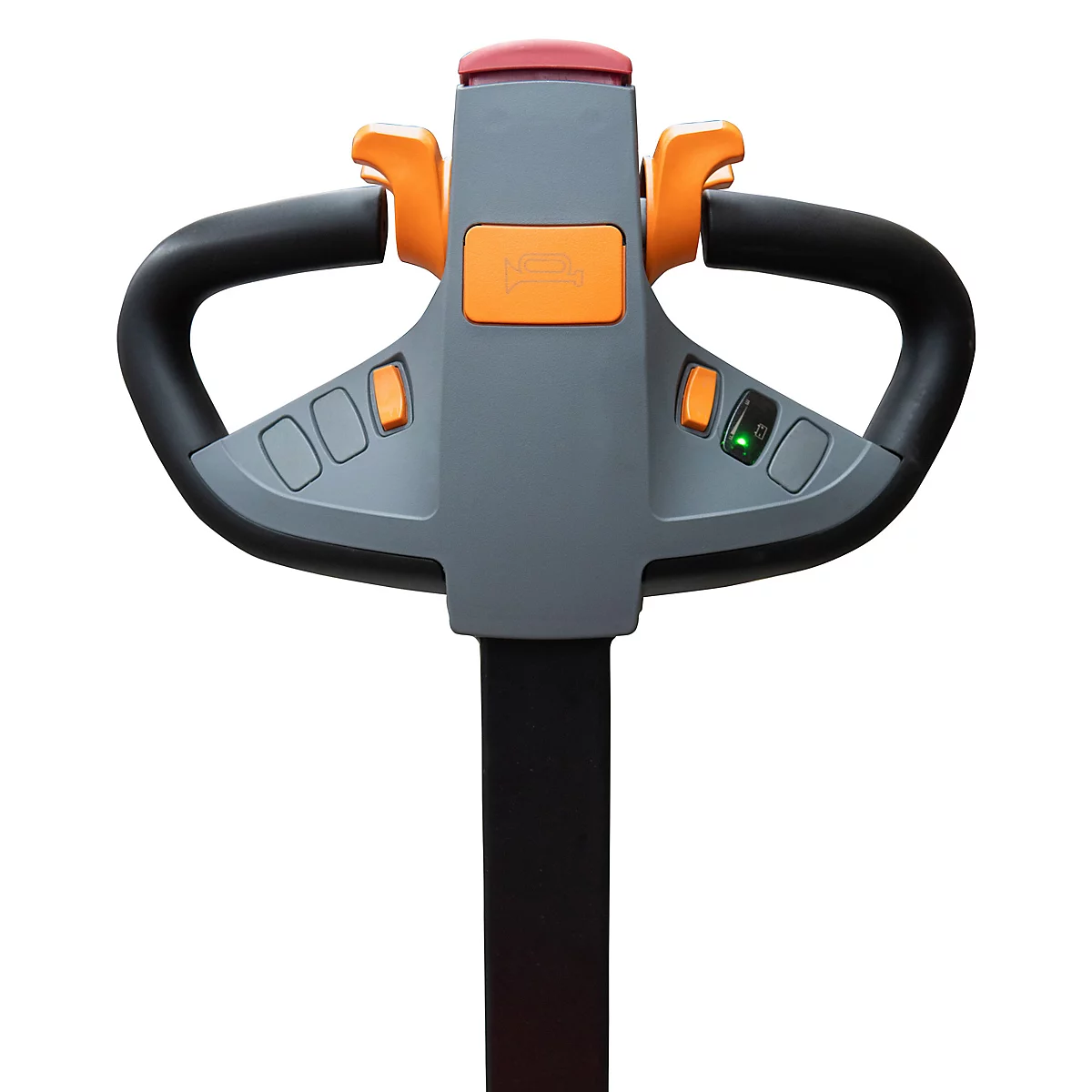 Deichselkopf eines Elektrohubwagens mit grauer Grundstruktur, orangefarbenen Bedienelementen und leuchtender grüner Anzeige.
