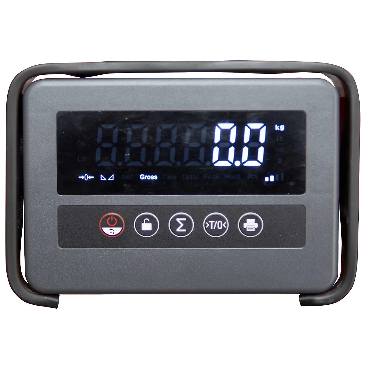 Digitales Waagen-Display mit leuchtender Anzeige 0.0 kg und fünf Bedienknöpfen in grauem Gehäuse.