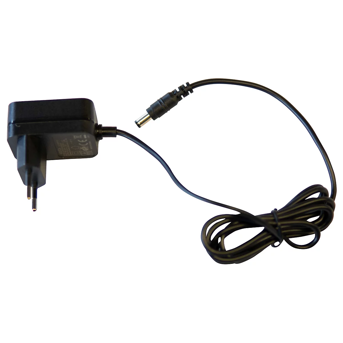 Schwarzes Steckernetzteil mit langem Kabel und Rundstecker vor weißem Hintergrund.