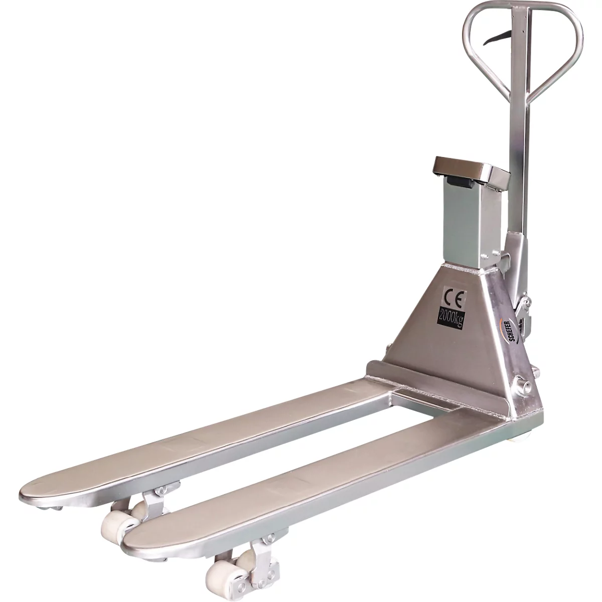 Schefer Gabelhubwagen Premium Edelstahl, mit Waage, Tragfähigkeit 2000 kg, Teilung 0,5 kg, Gabellänge 1150 mm