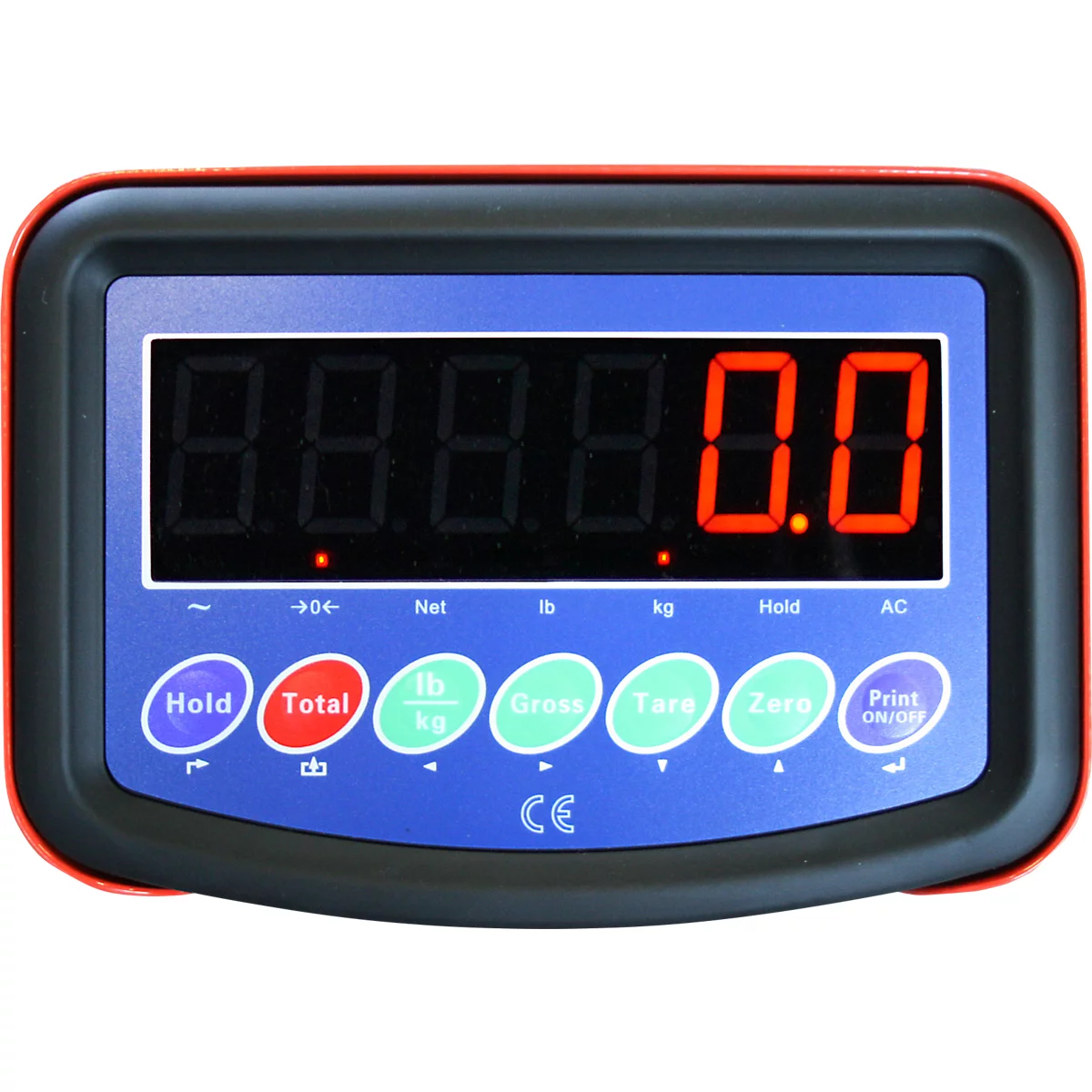 Digitaal display met rode cijfers 0.0. Knoppen met labels: Hold, Total, Print.