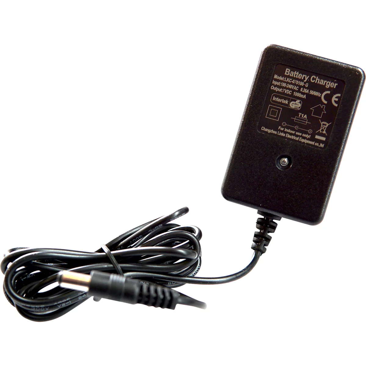 Zwarte batterijlader met kabel en stekker, productbeschrijving.