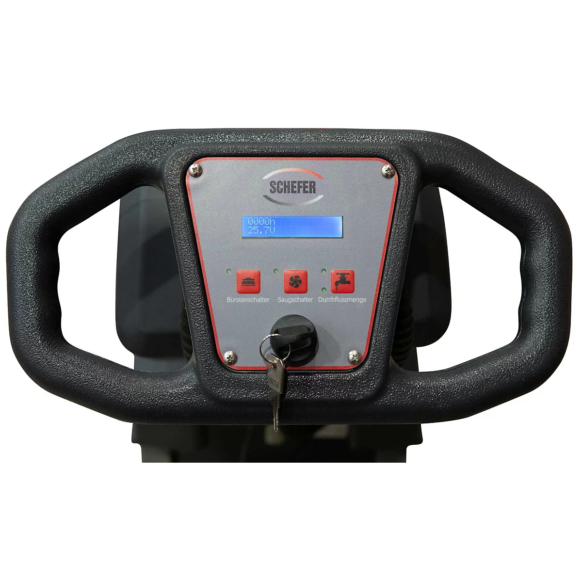 Bedienfeld einer Schefer Reinigungsmaschine mit Display, Tasten und Zündschloss.