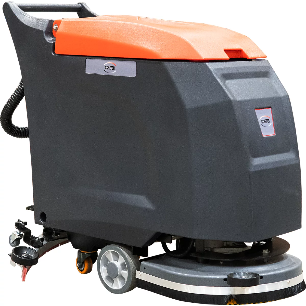 Kompakte, dunkelgraue Bodenreinigungsmaschine mit orangefarbener Abdeckung auf weißem Hintergrund.