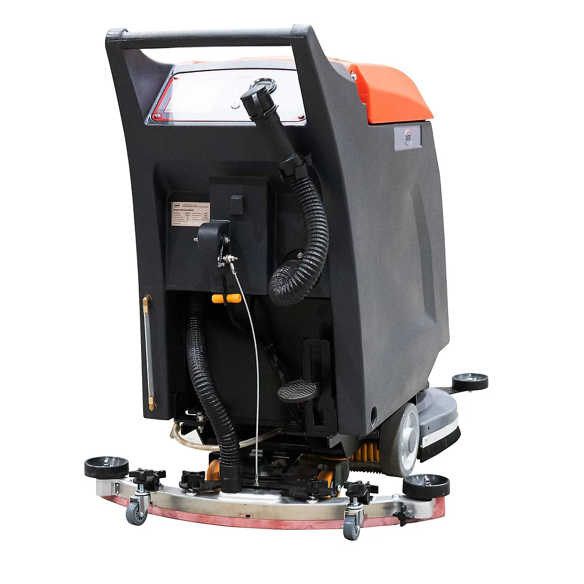 Rückansicht einer professionellen Scheuersaugmaschine mit orangem Gehäuseteil und schwarzem Rahmen.