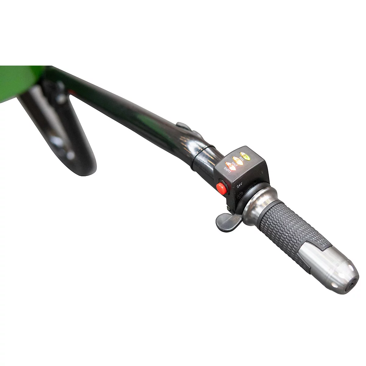 Nahaufnahme des Lenkergriffs eines E-Lastenrads mit LED-Ladestandsanzeige und roter Bedientaste.