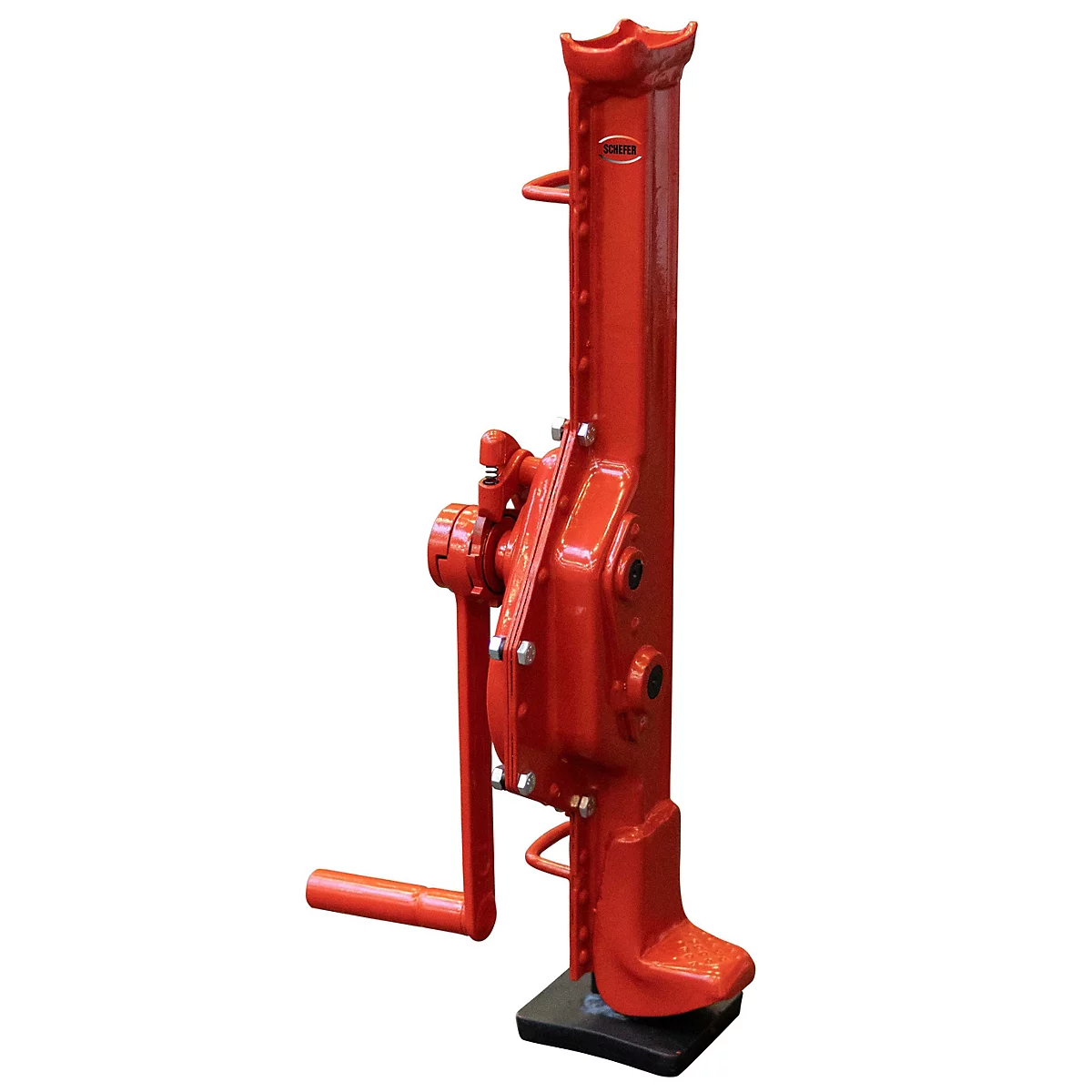 Roter mechanischer Zahnstangenwinde-Wagenheber mit Kurbel auf schwarzem Sockel vor weißem Hintergrund.