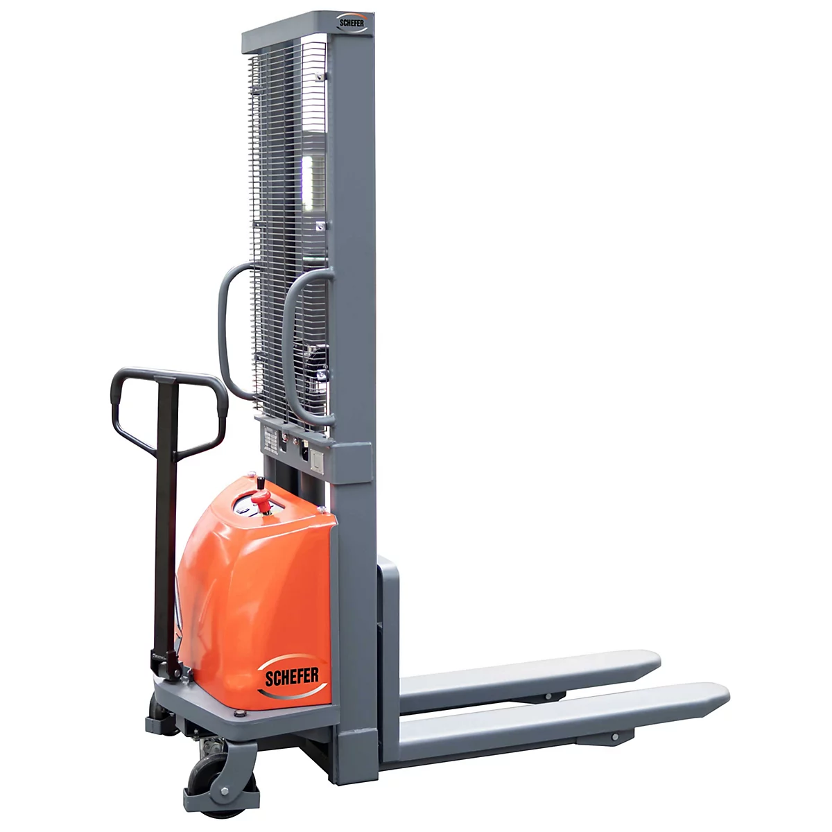 Elektrischer Hubstapler in Orange und Grau auf weißem Hintergrund.