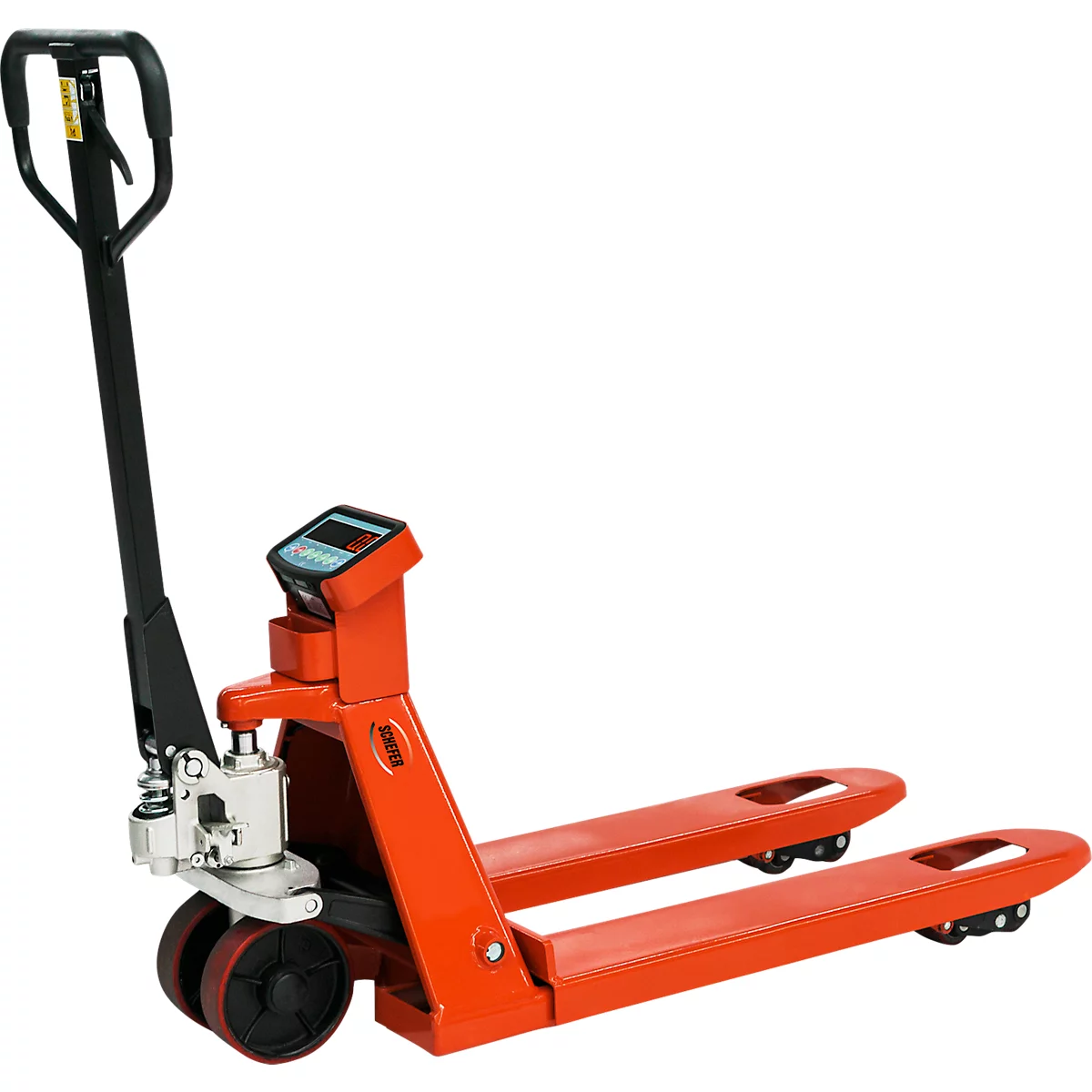 Schefer Transpalette avec balance Premium, capacité 2500 kg, graduation 0,5 kg, longueur des fourches 800 mm
