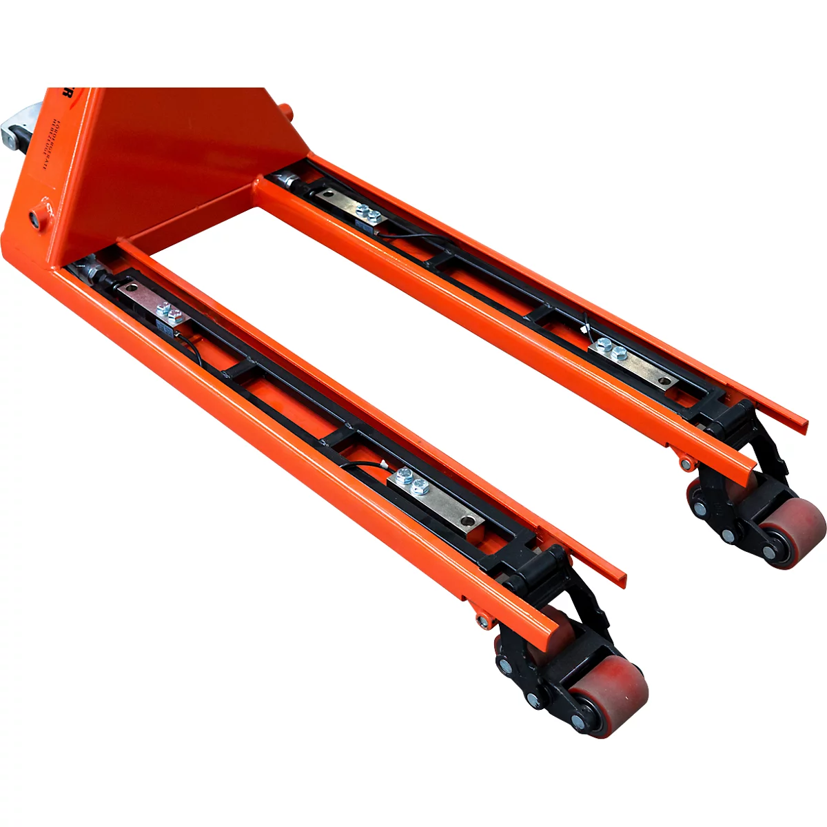 Schefer Transpalette avec balance Premium, capacité 2500 kg, graduation 0,5 kg, longueur fourches 1150 mm