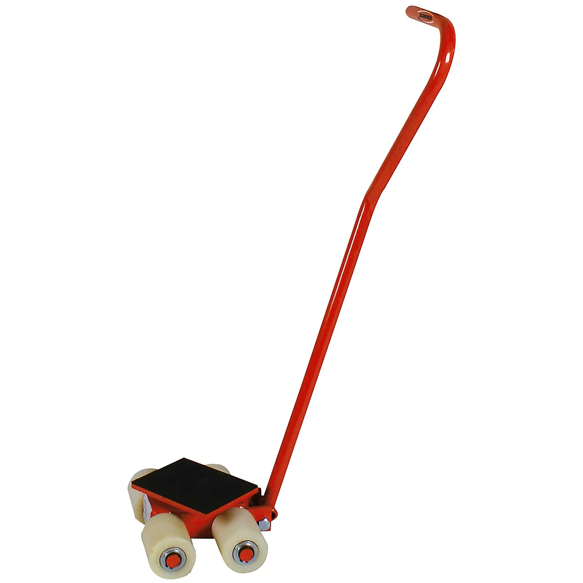 Roter Transportroller mit langem Griff und vier weißen Rollen vor weißem Hintergrund.