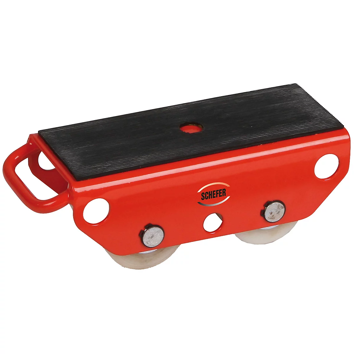Rotes Schwerlast-Transportfahrwerk von Schefer mit schwarzer Gummiauflage und zwei hellen Rollen.