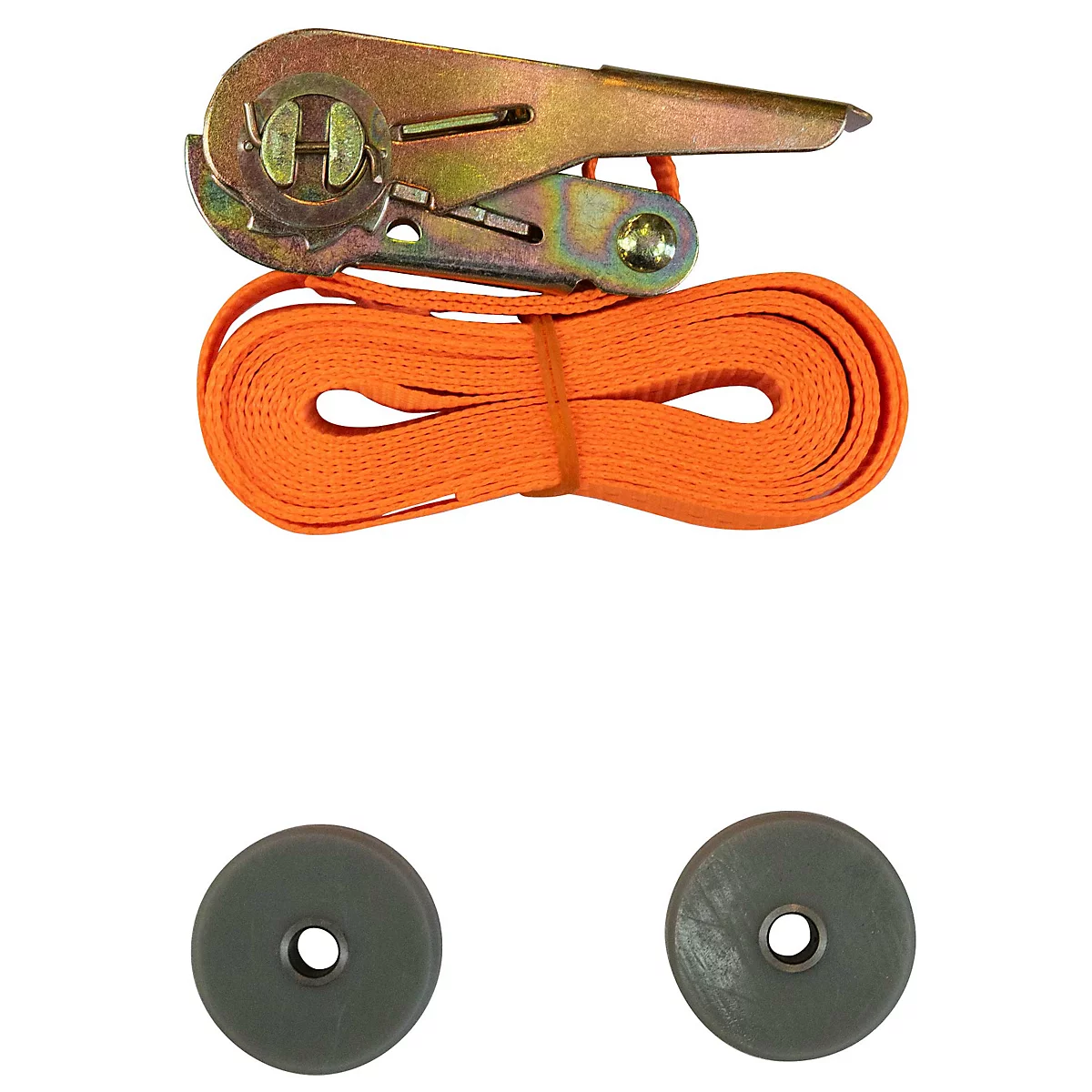 Orangefarbenes Spanngurt-Set mit Metall-Ratsche und zwei grauen Kunststoffrollen.