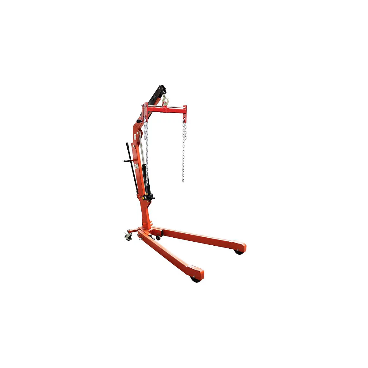 Roter hydraulischer Werkstattkran mit verstellbarem Ausleger und Kettengehänge auf weißem Grund.