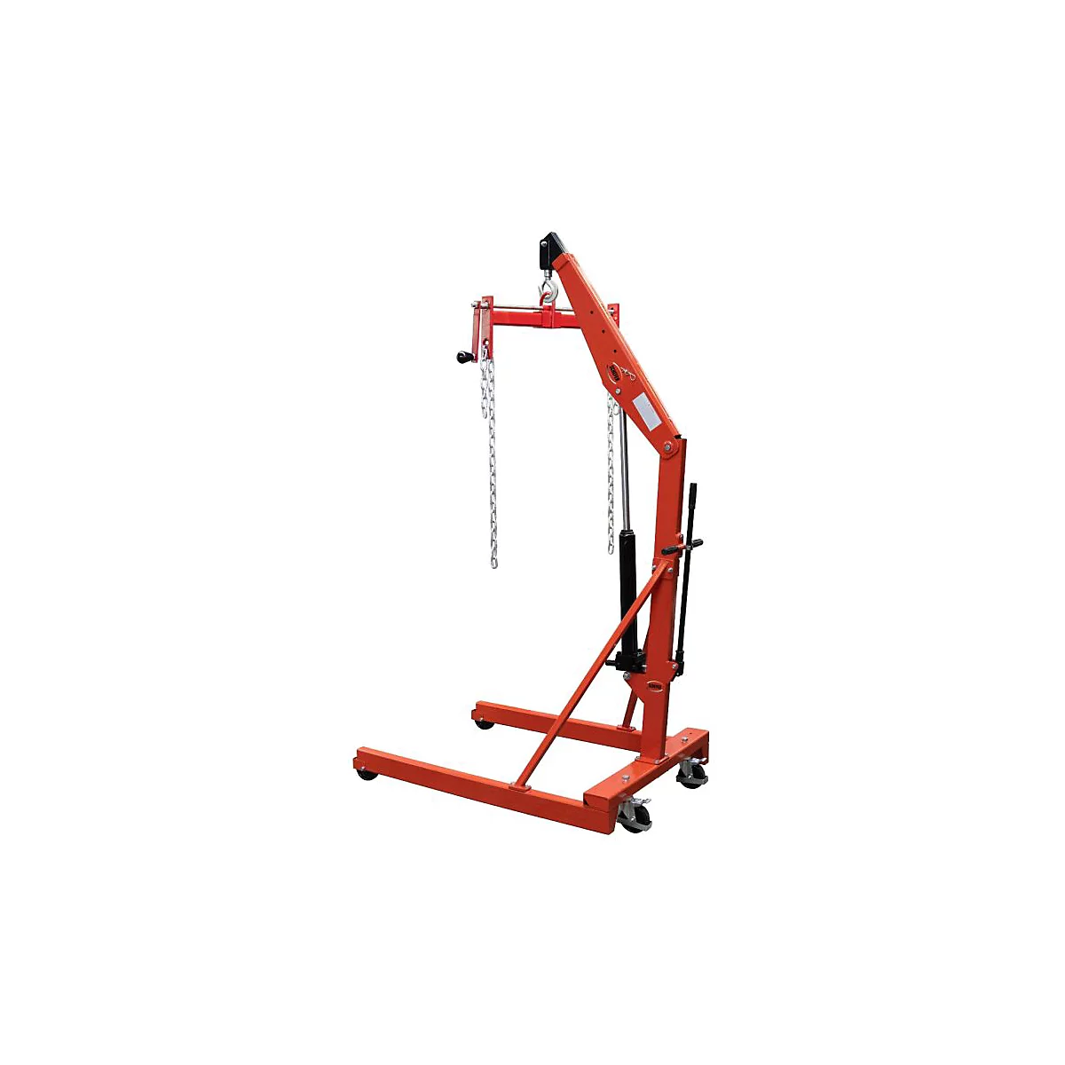 Roter hydraulischer Werkstattkran mit Rollen und Hebevorrichtung vor weißem Hintergrund.