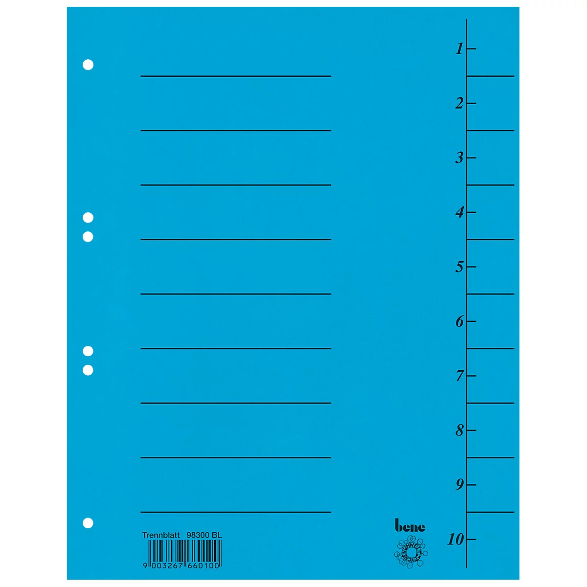 Blauwe indexkaartsplitsers met zwarte lijnen en paginanummers. Merklogo rechtsonder.
