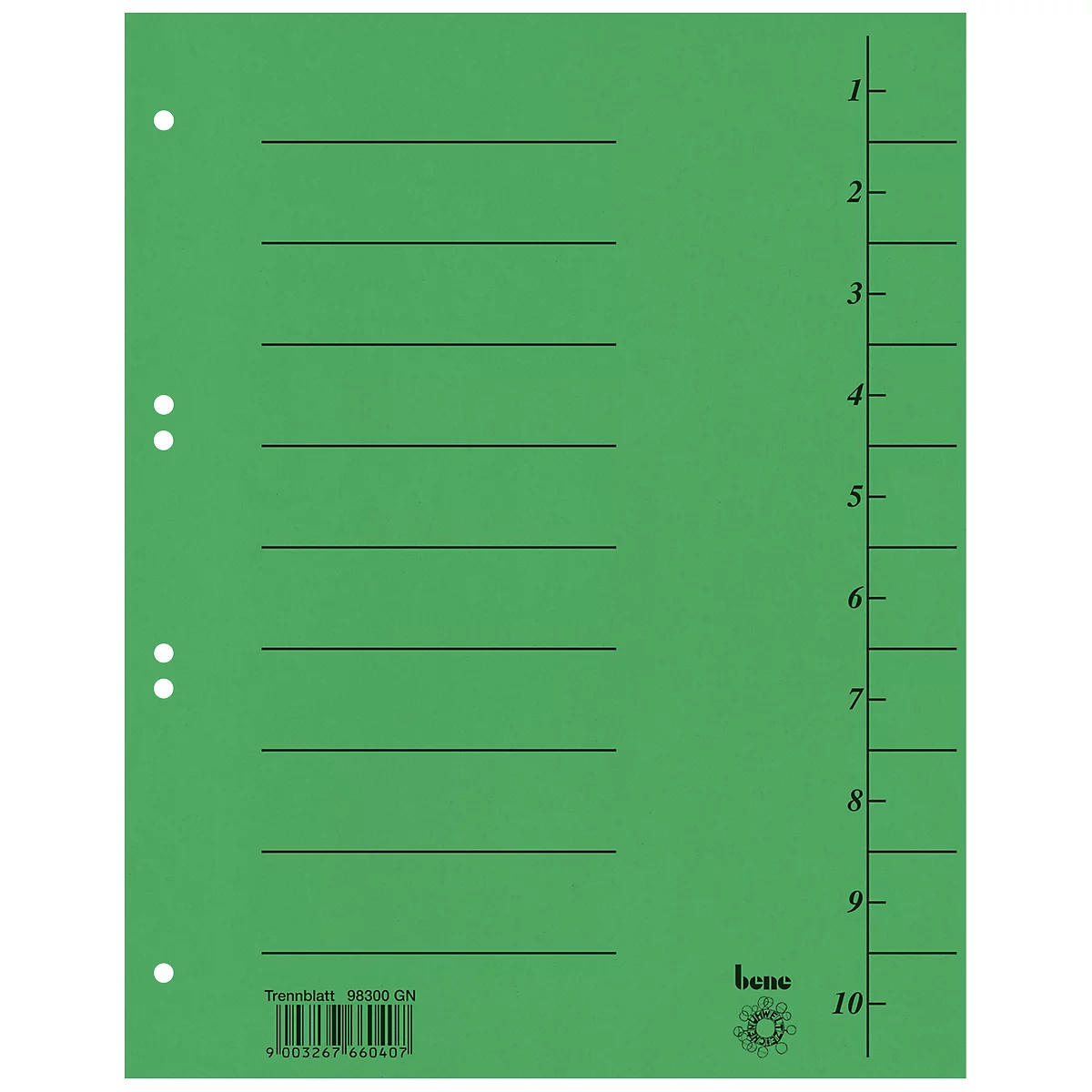 Groene scheidingsblad met gaten, lijnen en nummers voor structurering. Rechts een schaal van 1 tot 10.