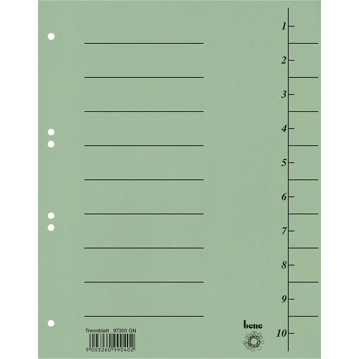 Groen scheidingsblad met lijnen en nummering. Het heeft perforaties voor archivering en een merkopdruk.