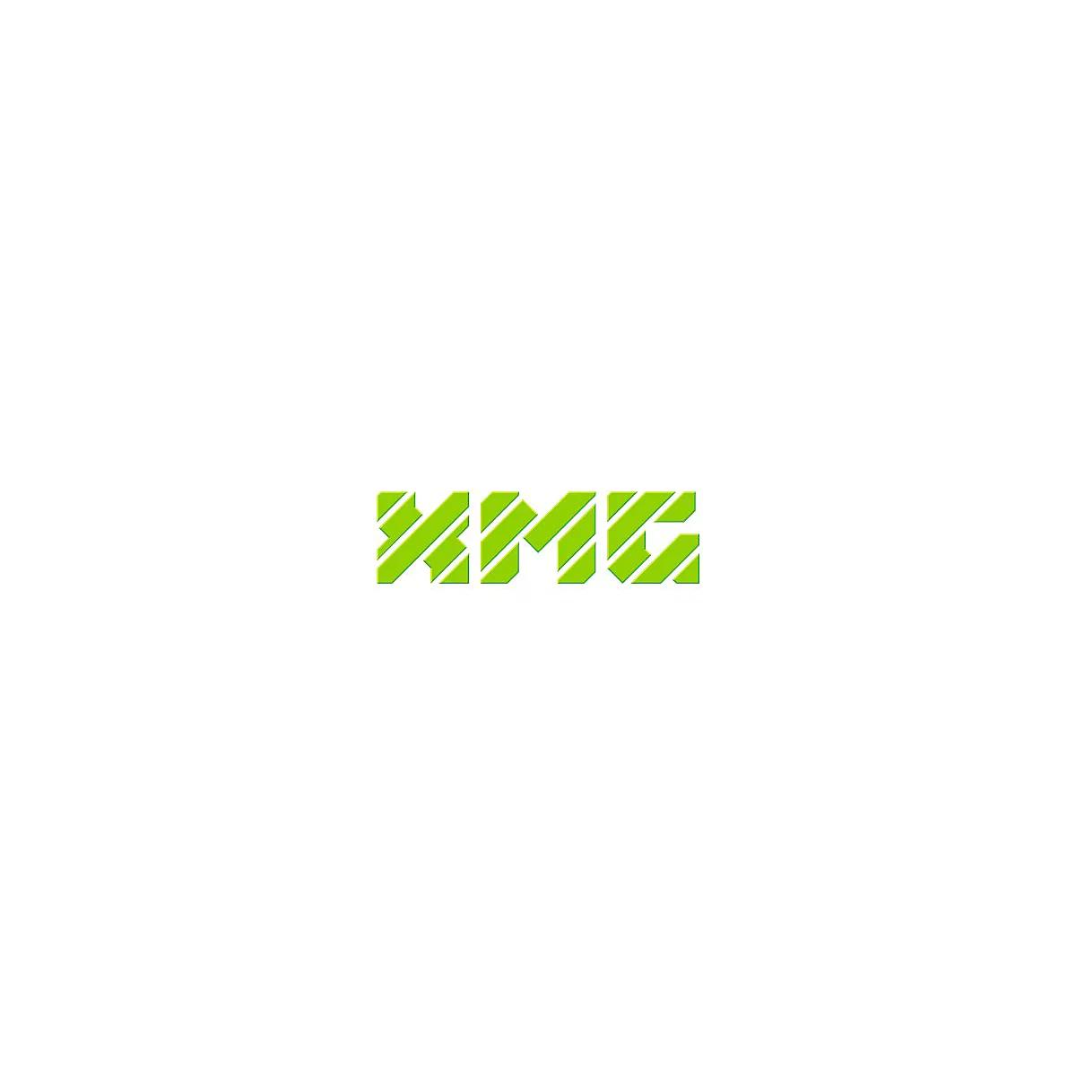 Grünes Logo mit den Buchstaben XMG in Blockschrift, mit diagonalen weißen Streifen versehen.