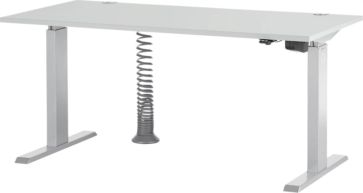 Schfer Shop Select Desk ERGO-T, ajuste de altura eléctrico de 1 pulsación, rectangular, pata en T, ancho 1600 x fondo 800 x alto 725-1185 mm, gris claro + cable en espiral 