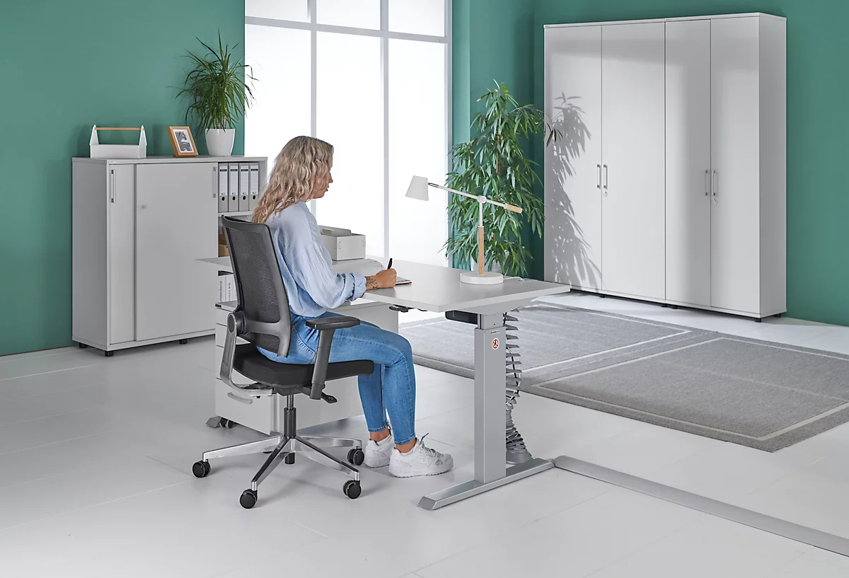 Schfer Shop Select Desk ERGO-T, ajuste de altura eléctrico de 1 pulsación, rectangular, pata en T, ancho 1600 x fondo 800 x alto 725-1185 mm, gris claro + cable en espiral 