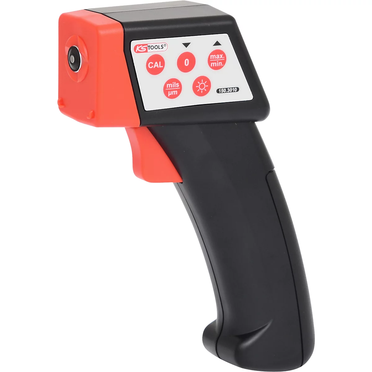 Schwarzes und rotes Messgerät mit Knöpfen und LCD-Anzeige.