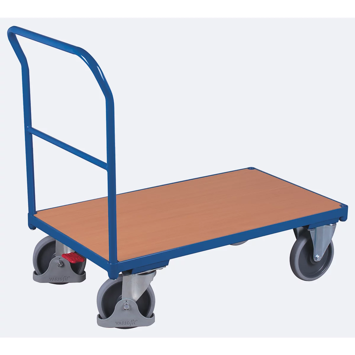 Schiebebügelwagen, Stahl/MDF-Platte, Enzianblau/Buche-Dekor, L 1230 x B 800 mm, mit Querstrebe, TPE-Rollen mit EasySTOP, bis 500 kg