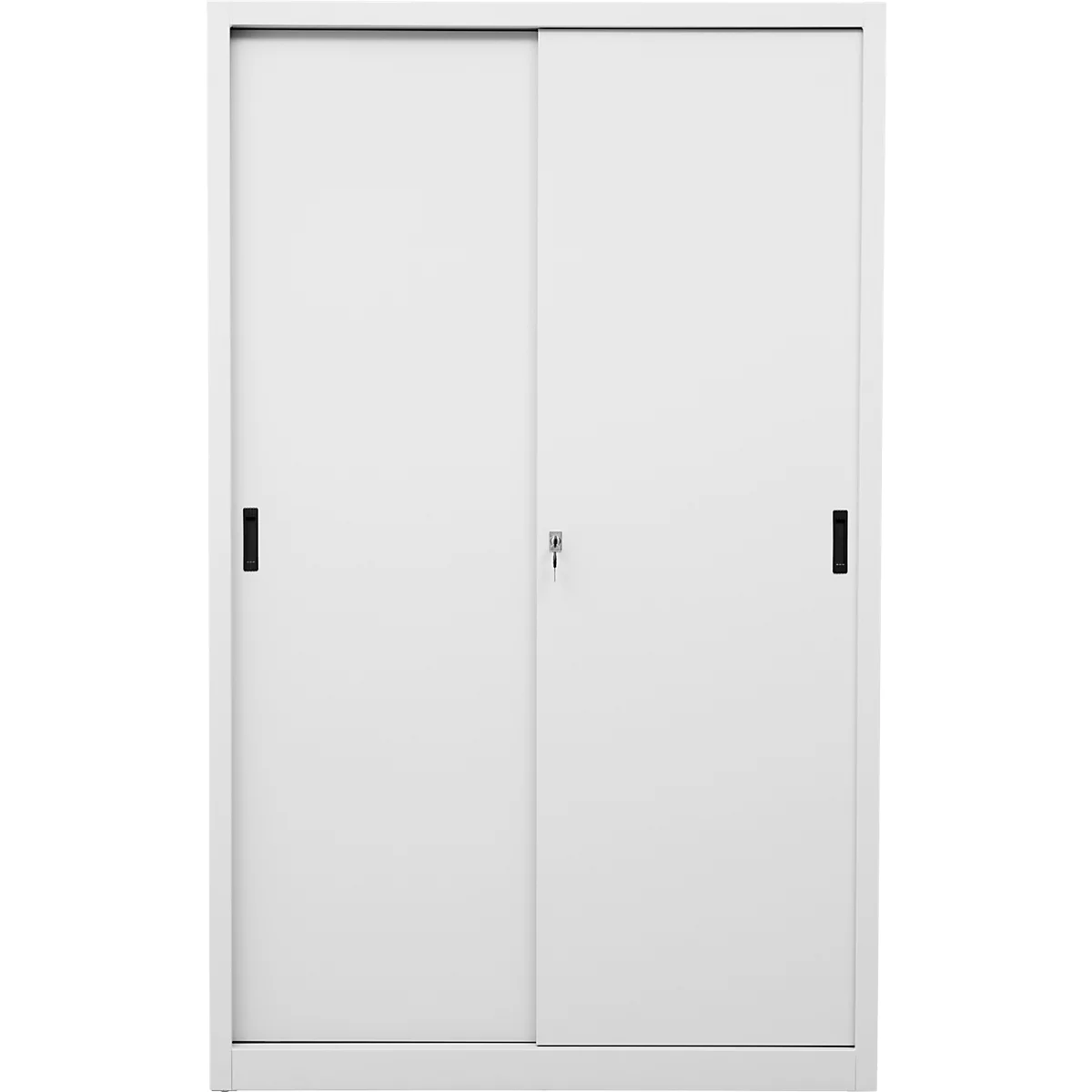 Schiebetürenschrank, 5 Ordnerhöhen, 4 höhenverstellbare Fachböden, abschließbar, B 1200 x T 450 mm x H 1950 mm, Stahl, lichtgrau RAL 7035