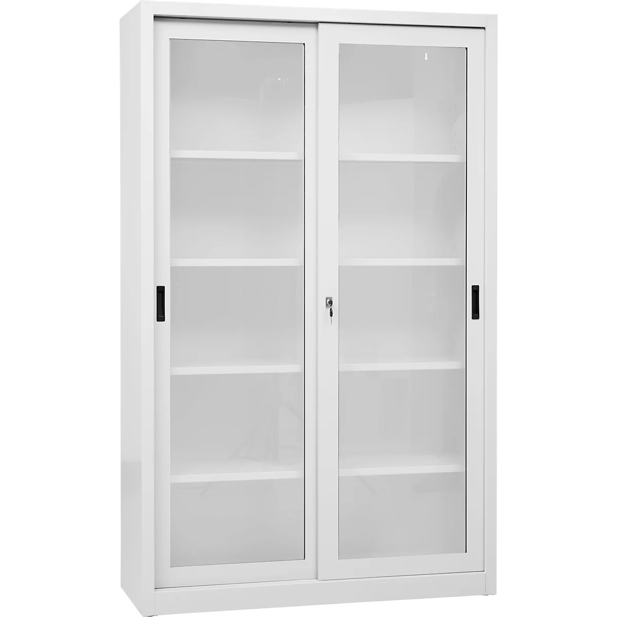 Schiebetürenschrank, 5 Ordnerhöhen, 4 höhenverstellbare Fachböden, Glastüren, abschließbar, B 1200 x T 450 mm x H 1950 mm, Stahl, lichtgrau RAL 7035