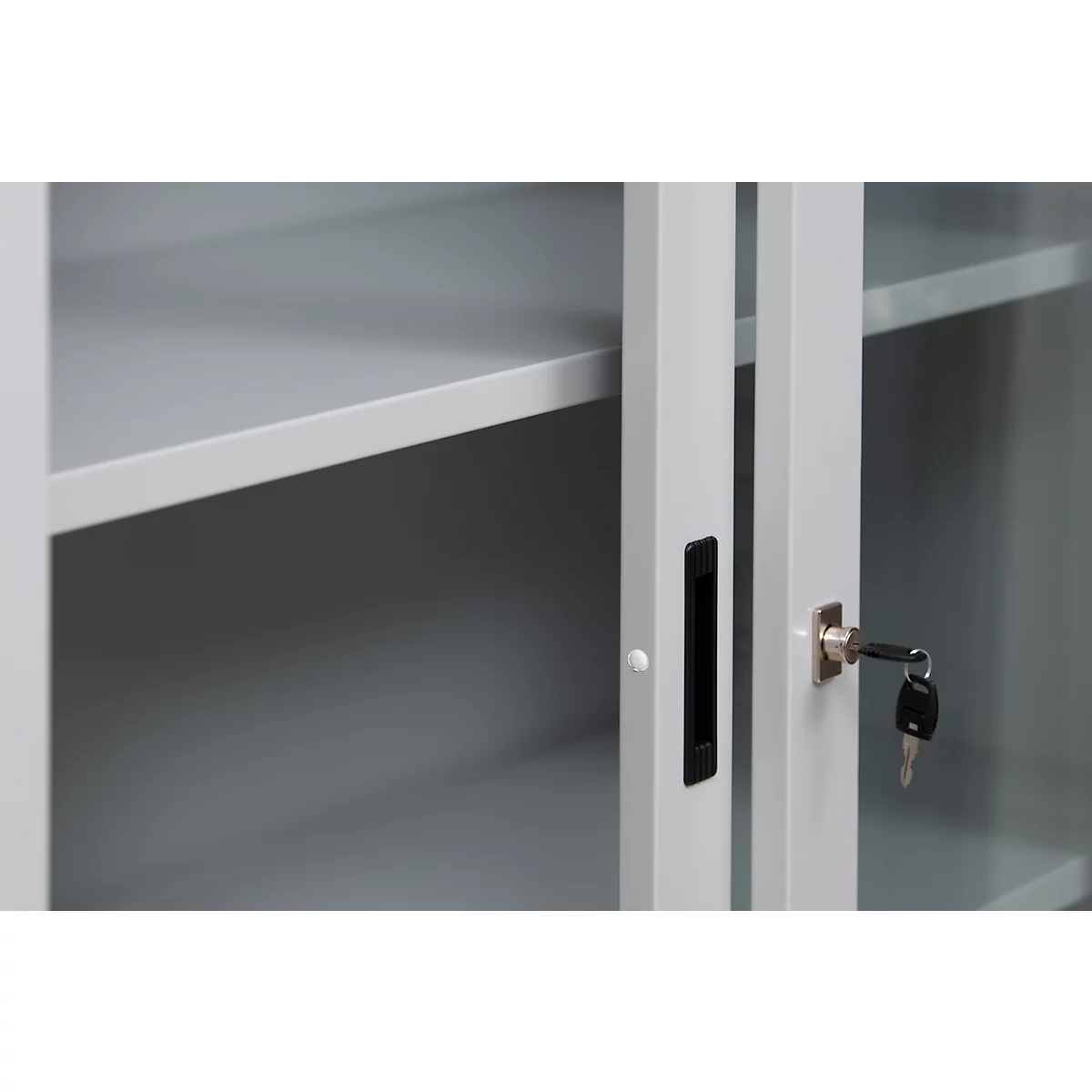 Schiebetürenschrank, 5 Ordnerhöhen, 4 höhenverstellbare Fachböden, Glastüren, abschließbar, B 1200 x T 450 mm x H 1950 mm, Stahl, lichtgrau RAL 7035