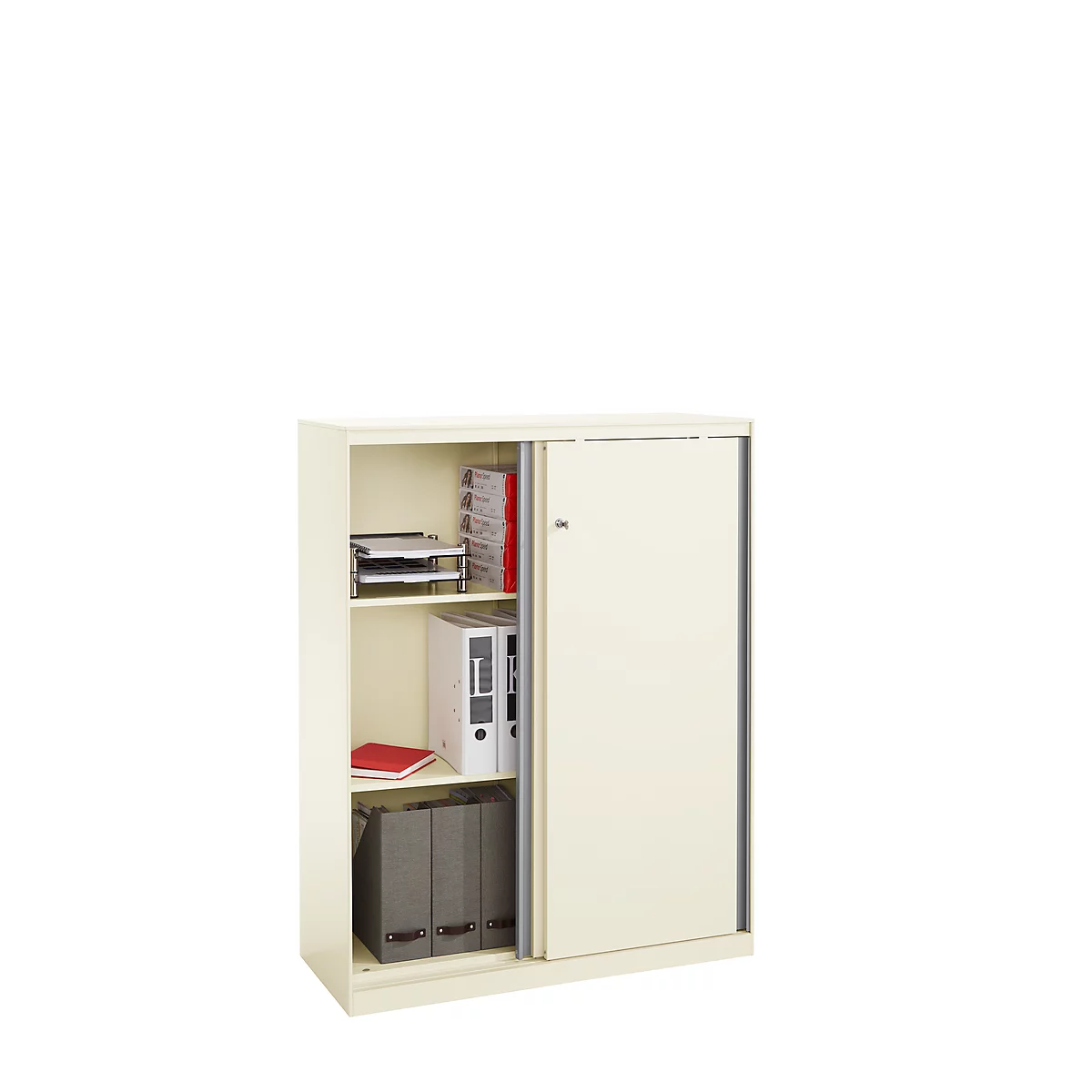 Schiebetürenschrank, abschließbar, mit Griffleisten, Stahl, weiß RAL 9010, 950x1215, 3 OH