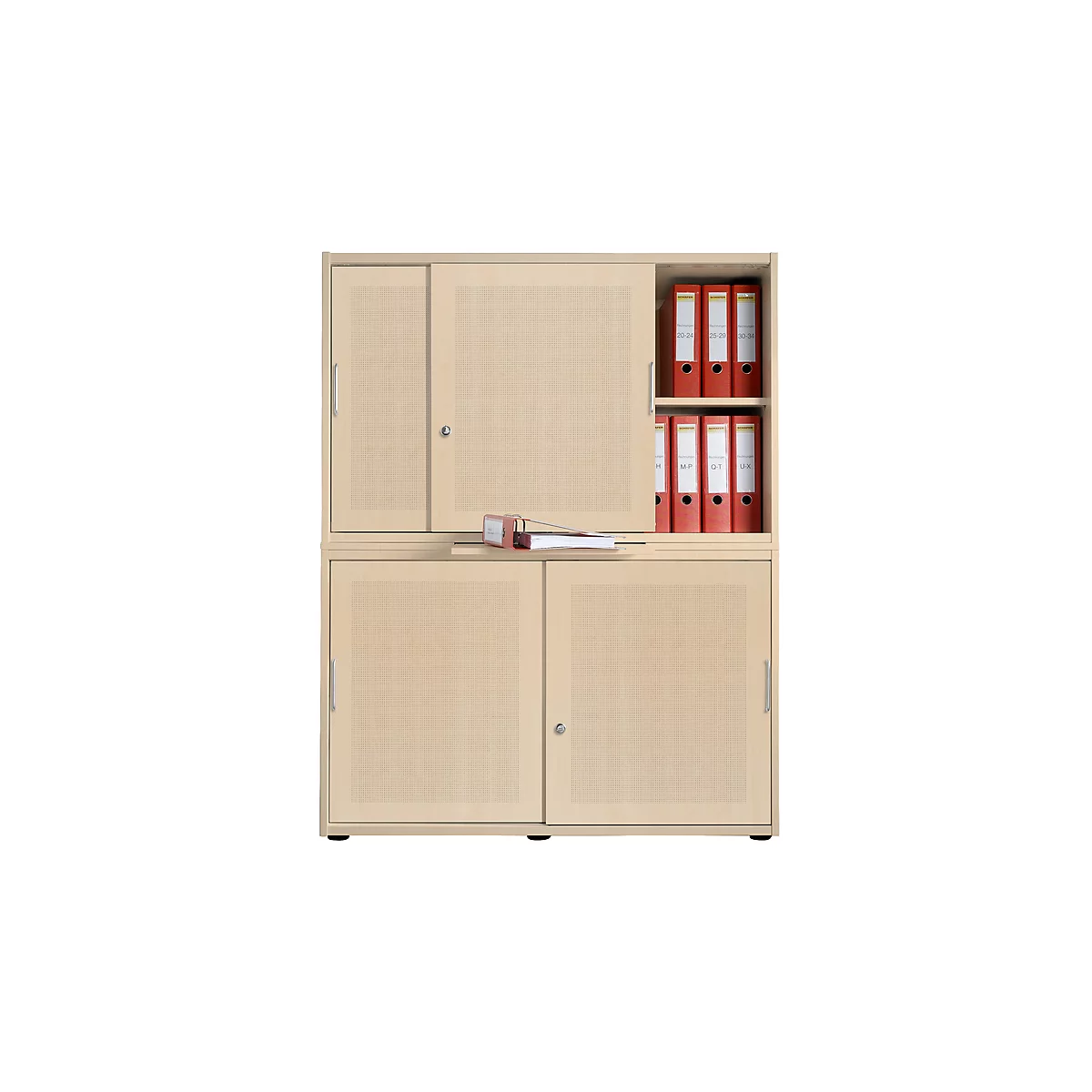 Schiebetürenschrank, Akustikfront, B 1200 mm, 4 OH, Ahorn-Dekor