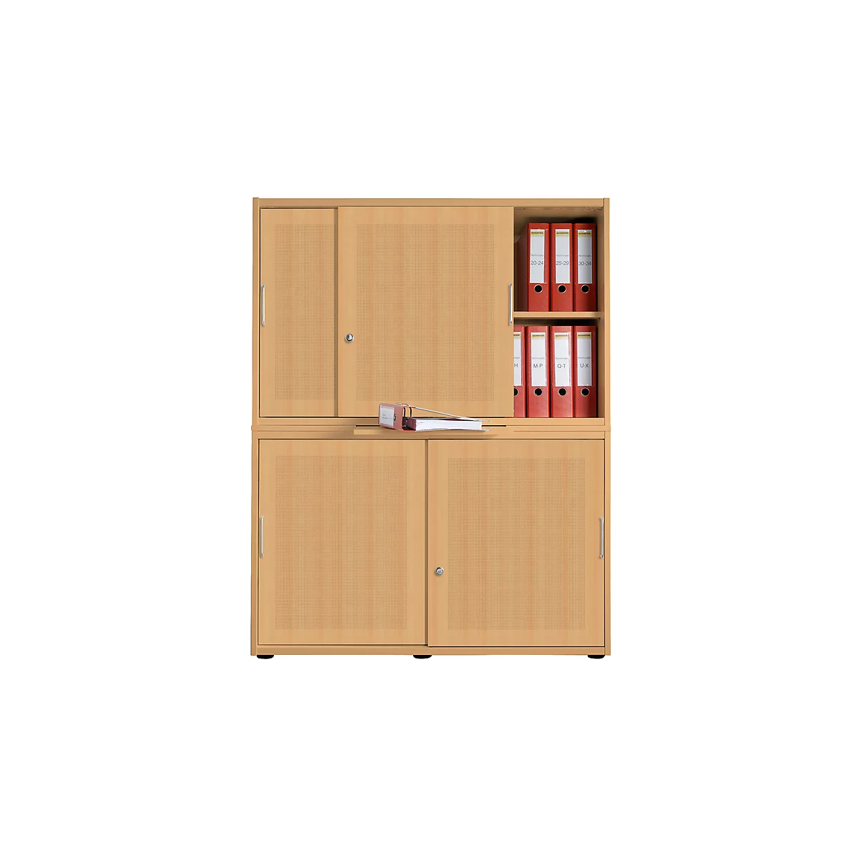 Schiebetürenschrank, Akustikfront, B 1200 mm, 4 OH, Buche-Dekor