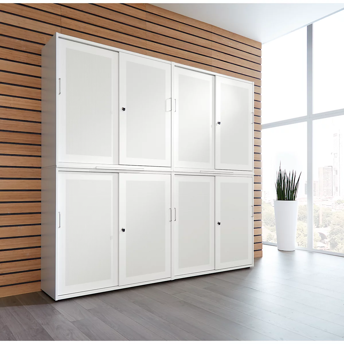 Schiebetürenschrank, Akustikfront, B 1200 mm, 6 OH, weiß