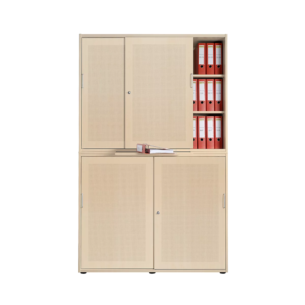 Schiebetürenschrank, Akustikfront, B 1350 mm, 6 OH, Ahorn-Dekor