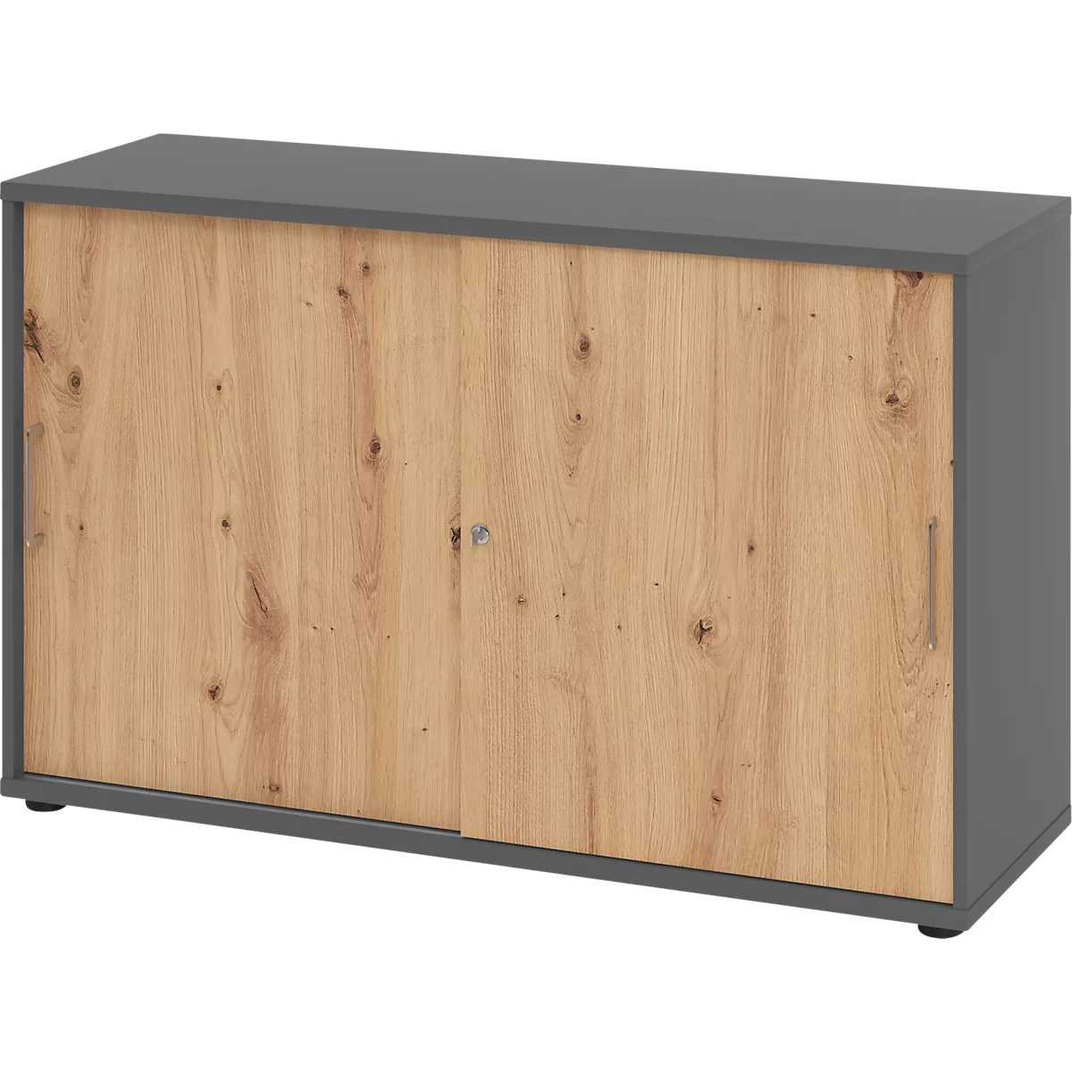 Schiebetürschrank Breno, abschließbar, Spanplatte, melaminharzbeschichtet, B 1200 x T 400 x H 748 mm, 2 Ordnerhöhen, Graphit/Asteiche