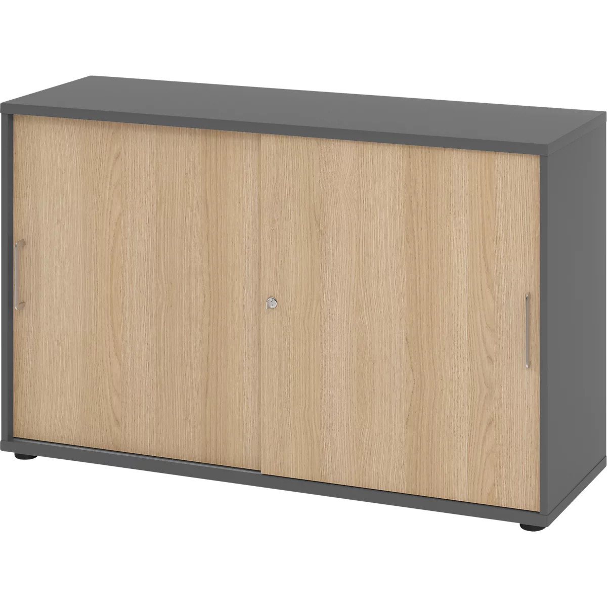 Schiebetürschrank Breno, abschließbar, Spanplatte, melaminharzbeschichtet, B 1200 x T 400 x H 748 mm, 2 Ordnerhöhen, Graphit/Eiche