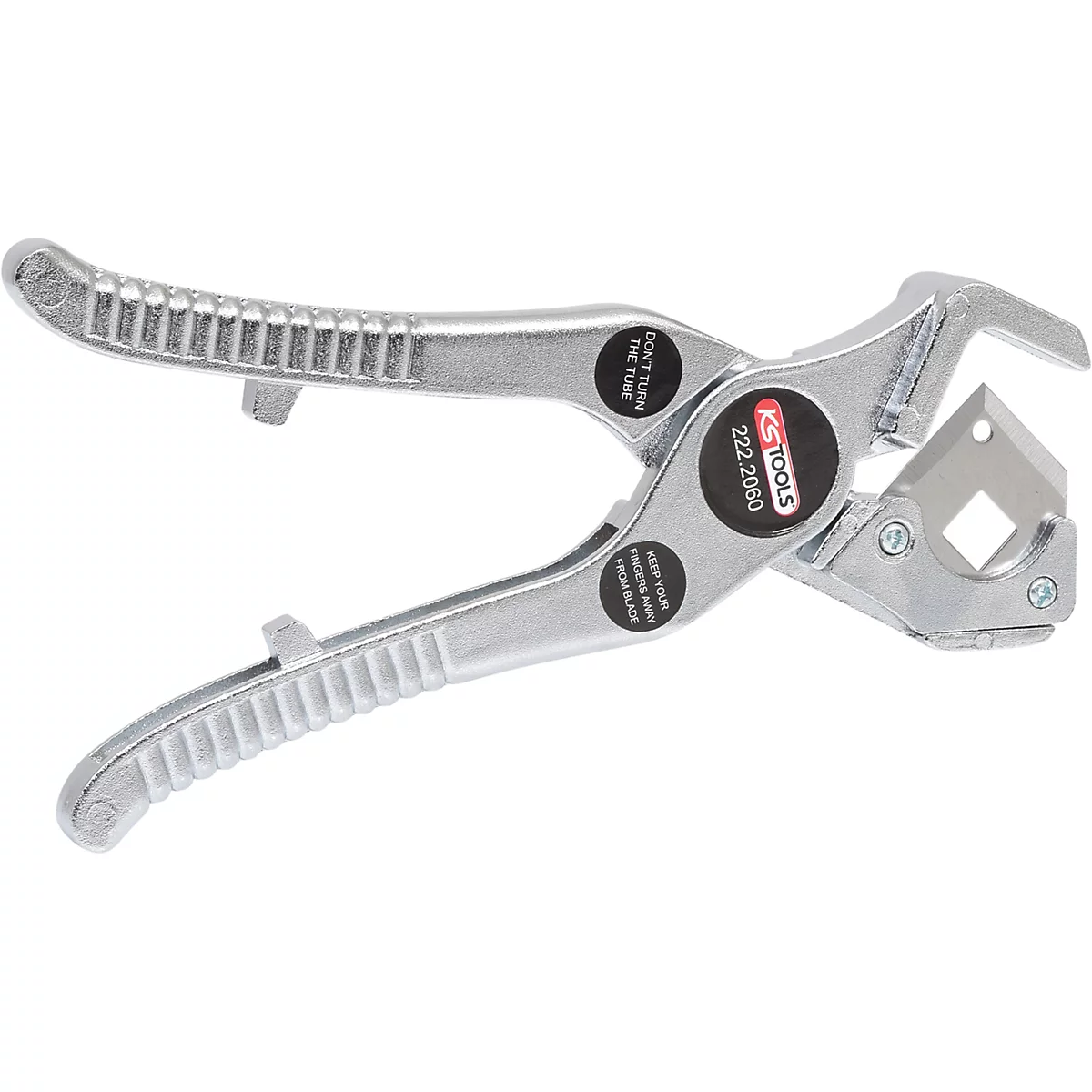 Eine silberne Rohrschere von KS Tools. Auf dem Werkzeug sind Markierungen angebracht.