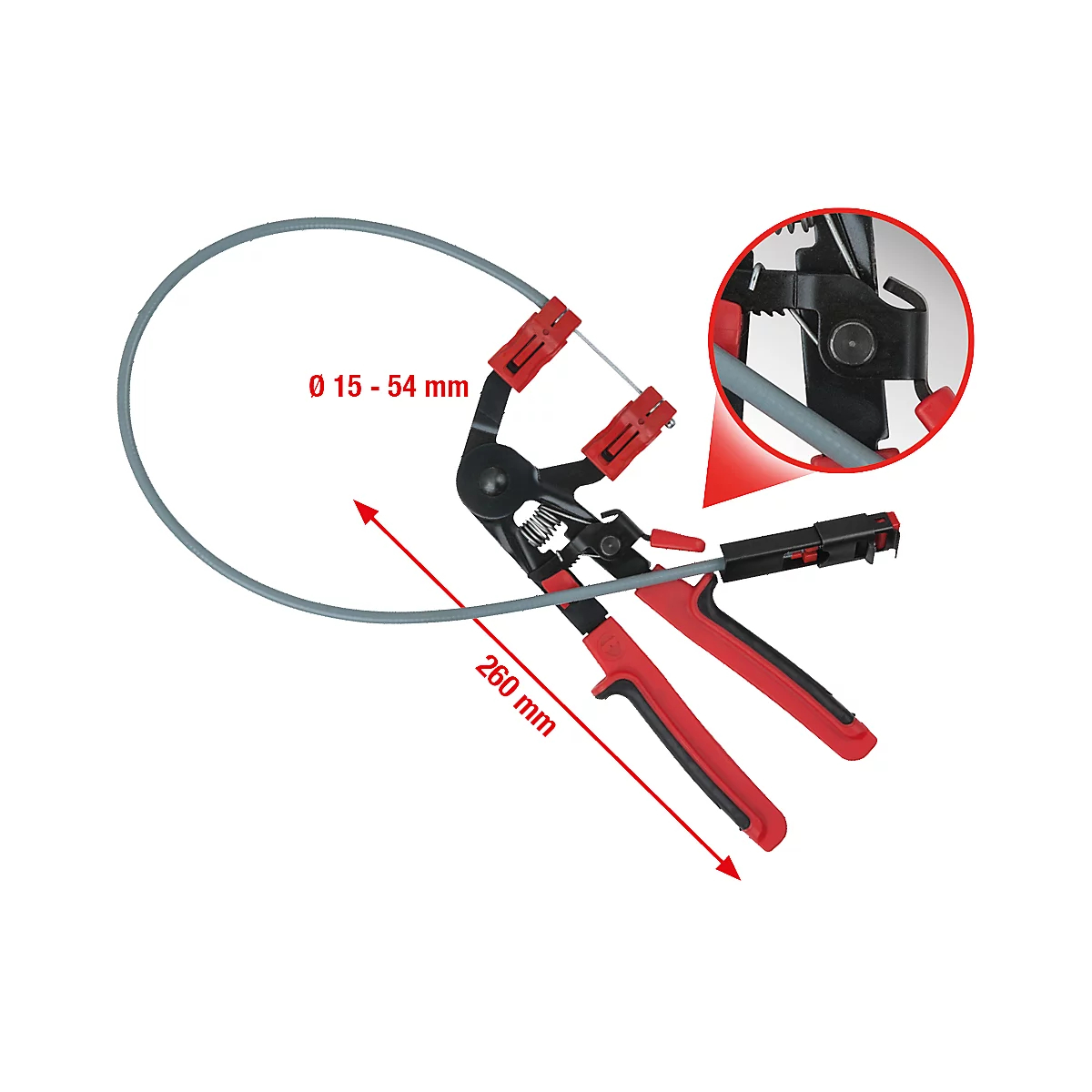 Eine Zange mit rotem Griff, die einen grauen Schlauch formt. Im Bild sind Maße angegeben.