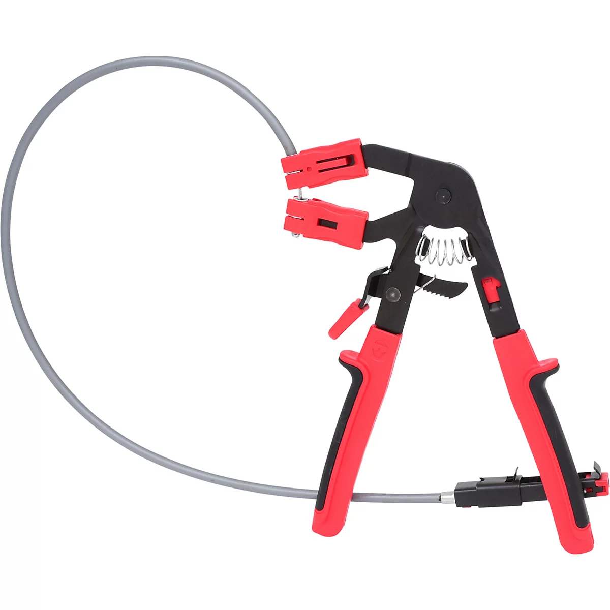 Kabelschneider mit rotem Griff und grauer Kabelschleife.