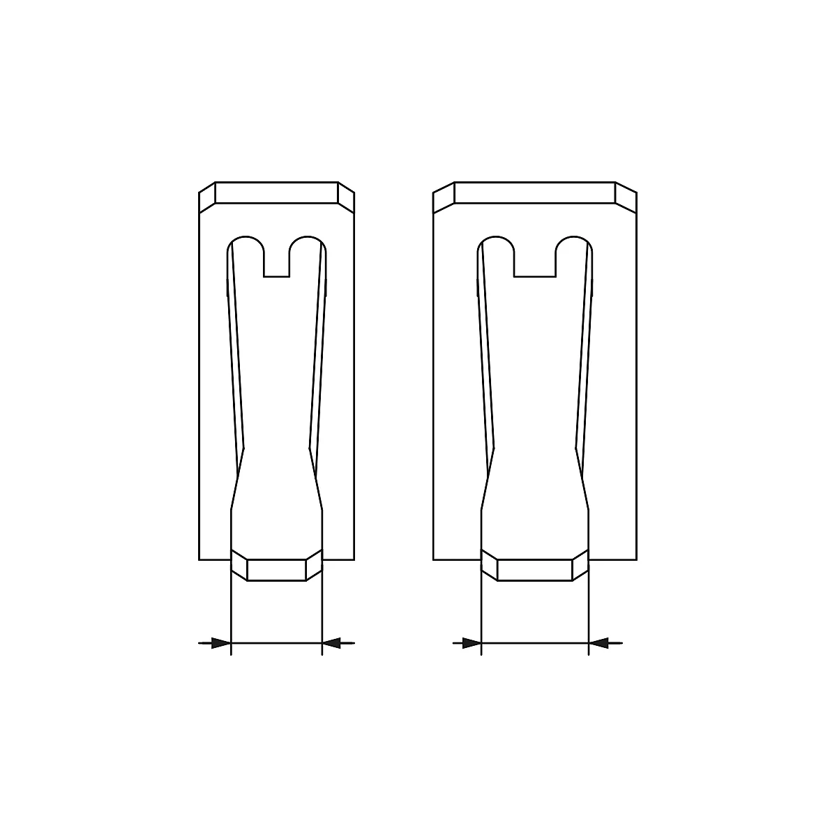 Zwei identische, schematische Darstellungen eines rechteckigen Steckers mit einem U-förmigen Ausschnitt.
