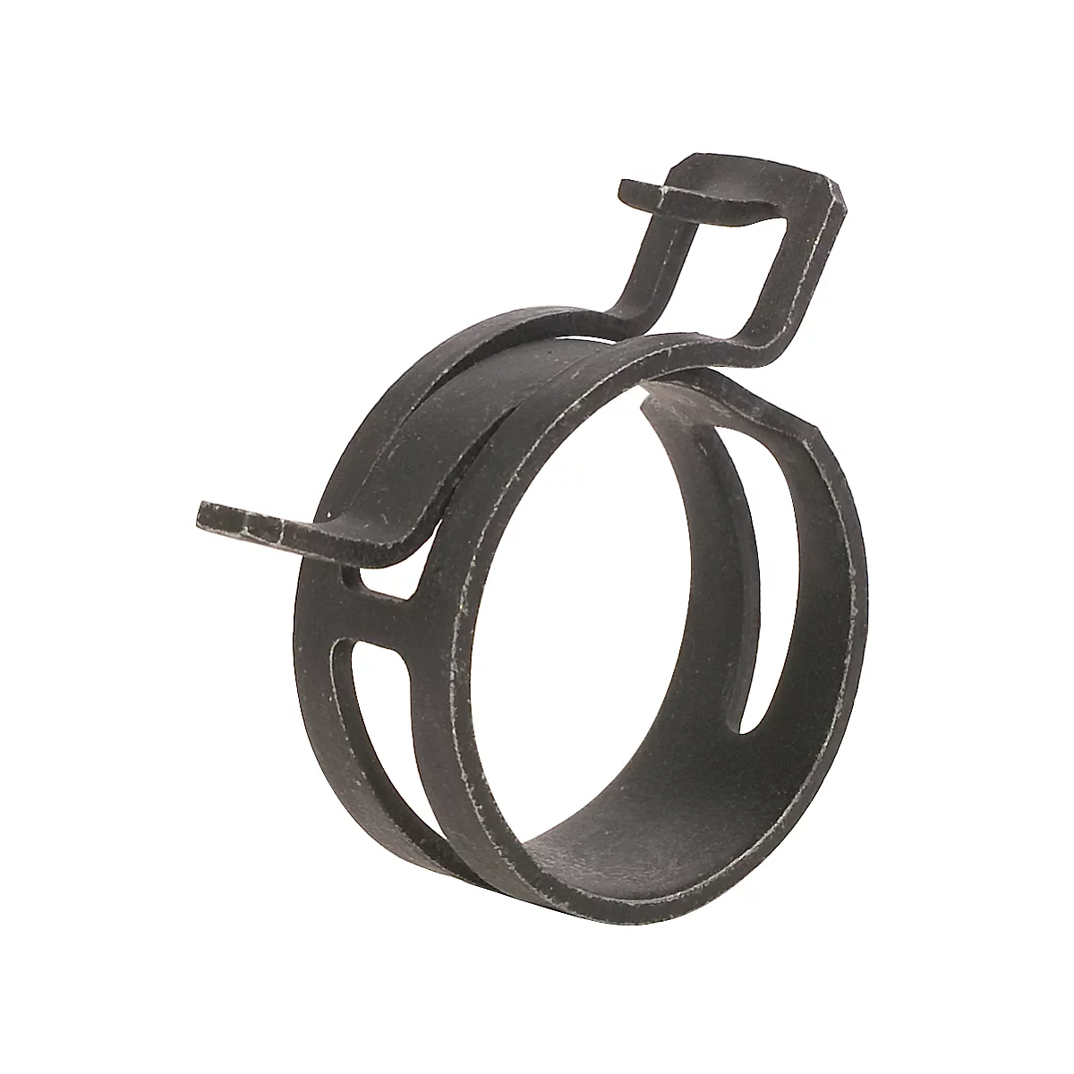 Metallklammer in dunkler Farbe, ringförmig, mit sich überlappenden Enden, die durch einen Bügel verbunden sind.