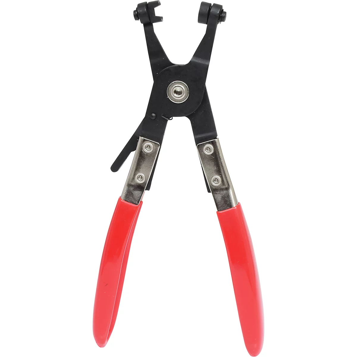 Eine Zange, mit roten Griffen und schwarzen Metallarmen, die geöffnet vor weißem Hintergrund liegt.