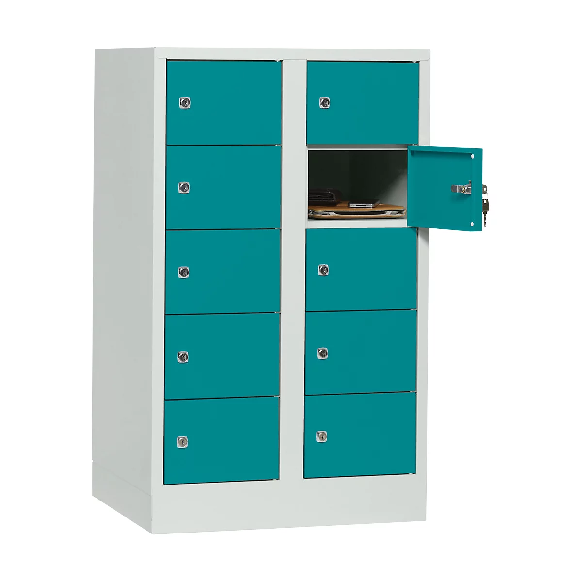 Schließfachschrank, Stahlbl., Türanschl. rechts, Zylinderschloss, 10 Fächer, B 600 x H 965 mm, l.grau RAL 7035/w.blau RAL 5021