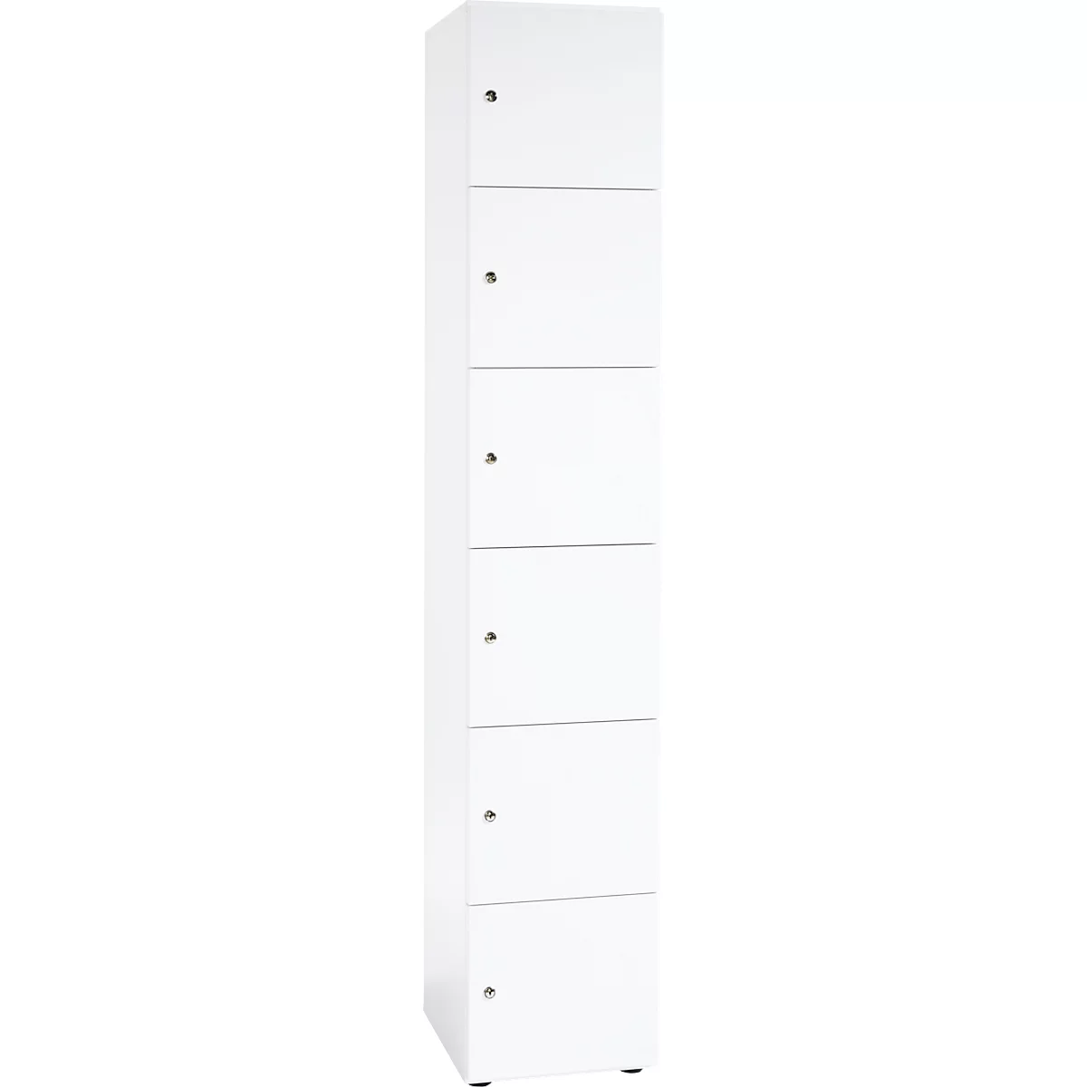 Hoher, weißer Schrank mit sechs Schubladen, jede mit einem kleinen silbernen Griff.